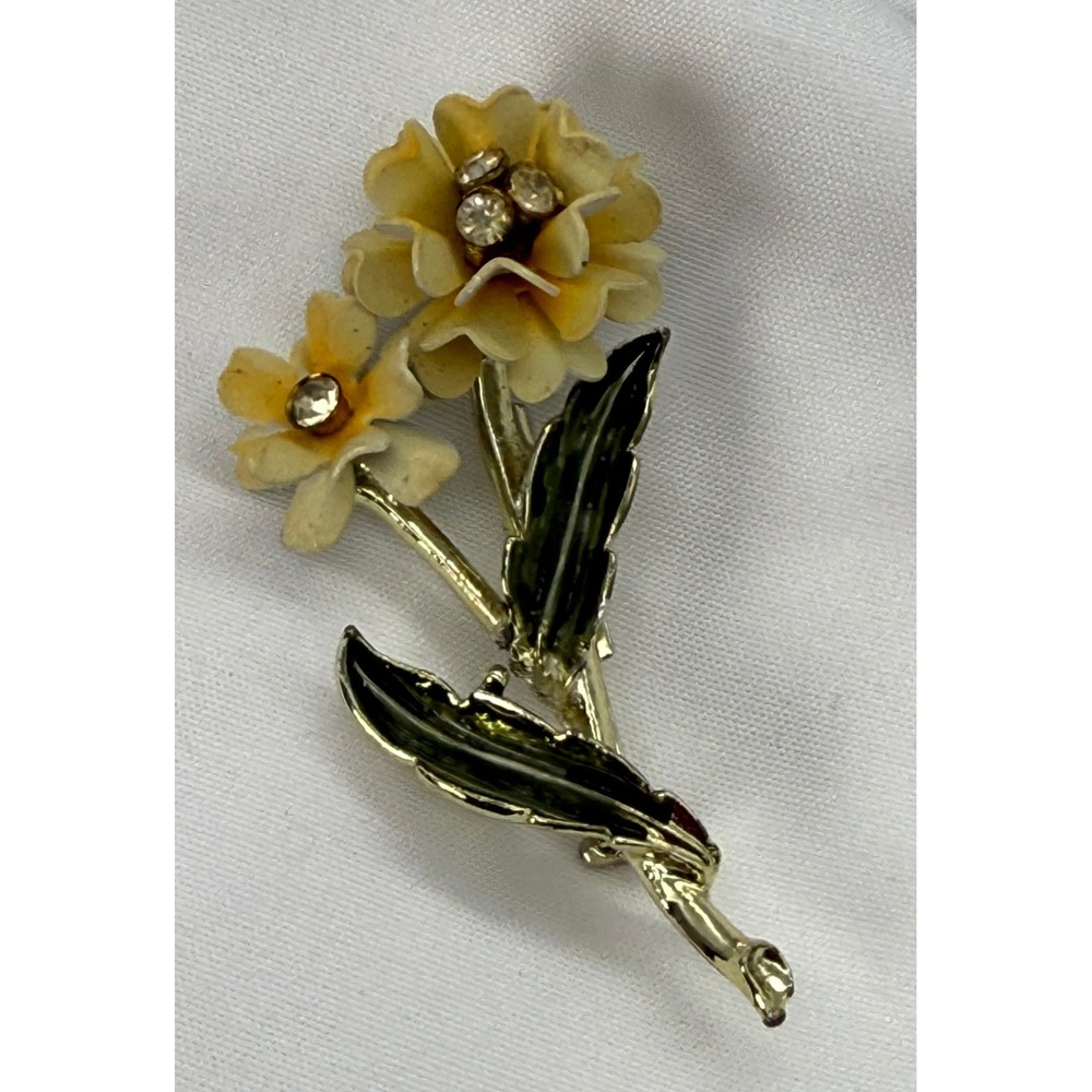 Vintage GoldTone Enamel Spring Yellow Flower Brooch Rhinestone Cream Floral Pin